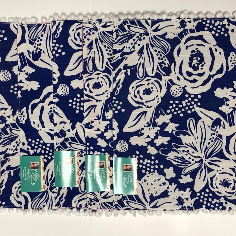 4 Pioneer Woman Placemats Celia Pom Pom 14x19 Reversible Cobalt Blue Pink Floral